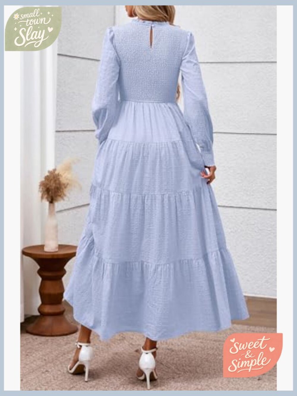 Long Sleeve Maxi Dress Smocked Waist Swiss Dot Formal Wedding Guest - Picture 5 of 7